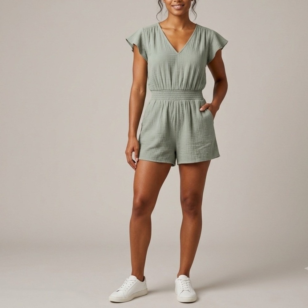 GAP Romper Large Green Gauve Cotton Flutter Sleeve Smocked Waist V-Neck NWT